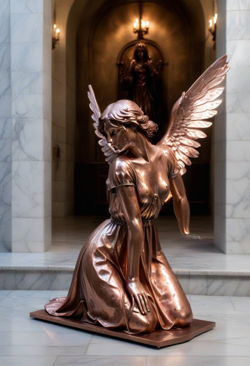 a copper statue portraying a kneeling and weeping angel, bleak, hopeless, depressing, enshrined in an alcove, marble church background
BREAK
CivChan