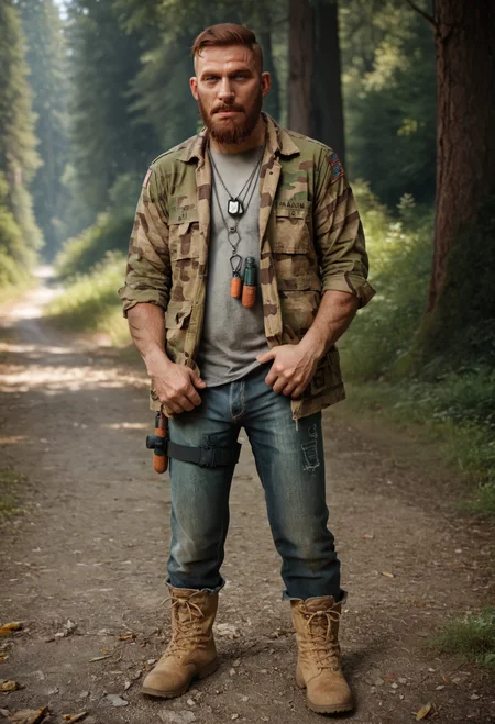 score_9, score_8_up, score_7_up, BREAK 1boy, solo, mature male, looking at viewer, full body, muscular, sleeves_rolled_up, looking at viewer,
beard, mustache, blue eyes, short hair, undercut, camouflage jacket, jeans, thigh strap, boots, dog tags, necklace,
standing, grey shirt,
outdoors, forest path, sunny, <lora:Jacob_Seed_2:1> raw, photo, realistic,
