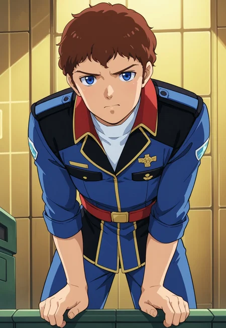 score_9, score_8_up, score_7_up, source_anime, cowboy shot, front view, BREAK, ( amuro_ray_cca, blue eyes, brown hair, best eyes, looking at viewer, leaning forward, serious expression, uniform, leaning on console, 1boy, male focus, solo, ) BREAK, spaceship bridge, digital display,