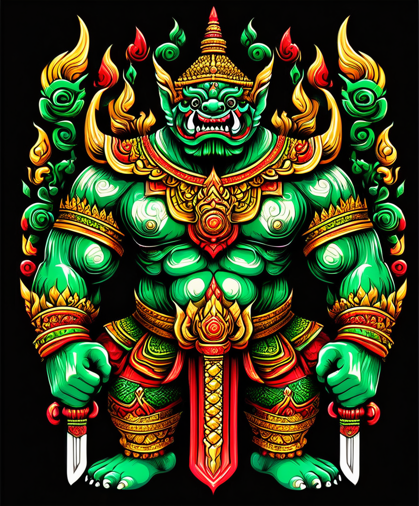 thai ogre style, giant, holding a sword, colors green red and gold, extremely detailed, digital art, t-shirt design, dark blackground <lora:thai ogre_style:0.80>