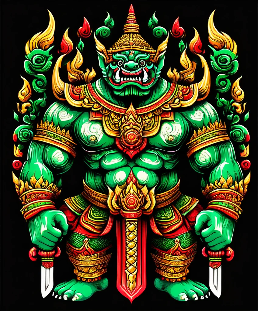 thai ogre style, giant, holding a sword, colors green red and gold, extremely detailed, digital art, t-shirt design, dark blackground <lora:thai ogre_style:0.80>