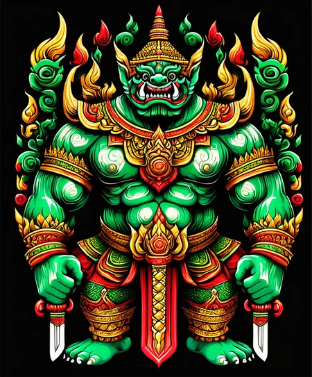 thai ogre style, giant, holding a sword, colors green red and gold, extremely detailed, digital art, t-shirt design, dark blackground <lora:thai ogre_style:0.80>