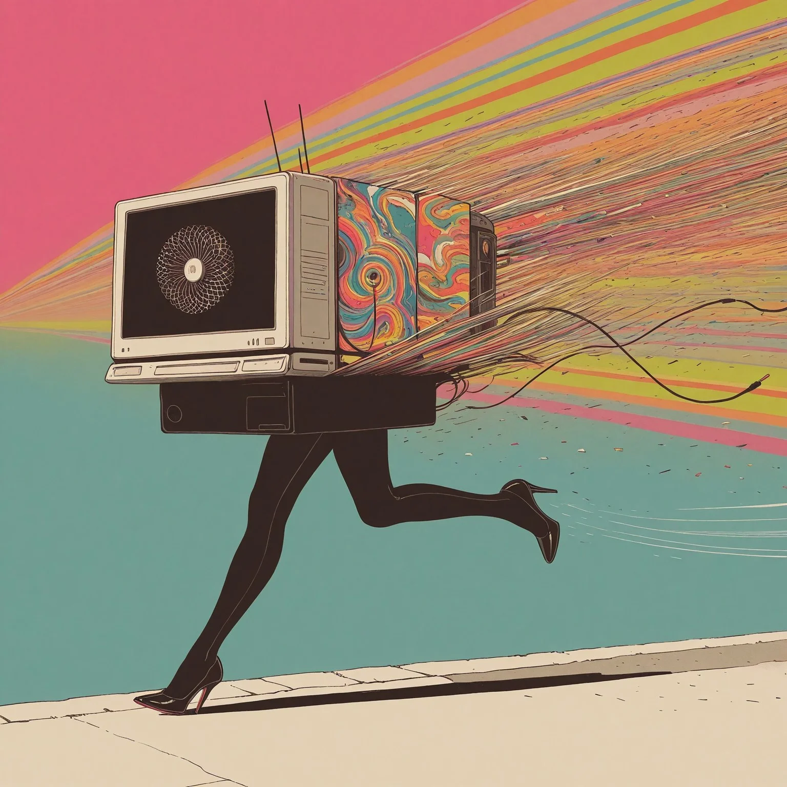 no humans, objectification, computer, legs, running, high heels, street, speed lines, cord, wind,
vdsur, surreal, colorful background, safe
