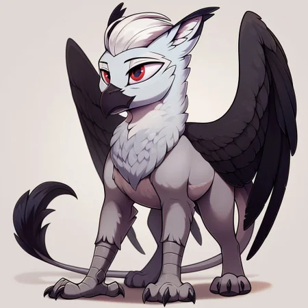 masterpiece, score_9_up, score_8_up, score_7_up, score_6_up, (best quality:1.2), ultra-detailed, high resolution, solo, mlp style, Ferdinand Dawnclaw, griffon albino, avian, feral, male, (beautiful detailed red eyes), white hair, (white feathers), feathery ears, black beak, closed mouth, wings, full body, standing, detailed facial features, expressiveh, simple background, highly visible, sharp focus, anatomically correct