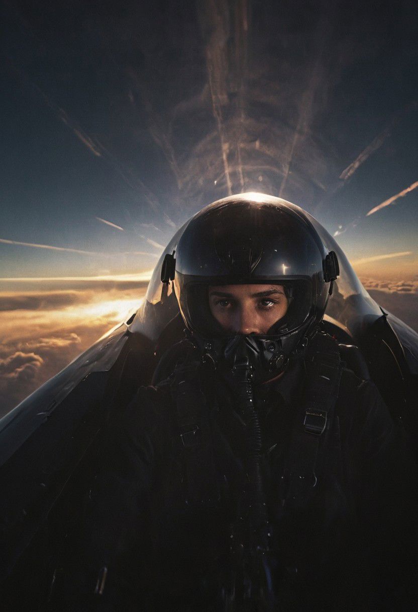 Create a vivid description capturing the essence of a close-up photograph inside the cockpit of a sleek, matte-black futuristic jet in flight. Highlight the discernible details: the pilot, confidently and mischievously smiling, with focused eyes locked onto the target. Convey a sense of high-speed motion, surrounded by billowing neon-pastel clouds, encapsulating the exhilarating and dynamic atmosphere within the cutting-edge aircraft.
 very detailed, atmospheric haze, Film grain, cinematic film still, shallow depth of field, highly detailed, high budget, cinemascope, moody, epic, OverallDetail, gorgeous, 2000s vintage RAW photo, photorealistic, candid camera, color graded cinematic, eye catchlights, atmospheric lighting, skin pores, imperfections, natural, shallow dof