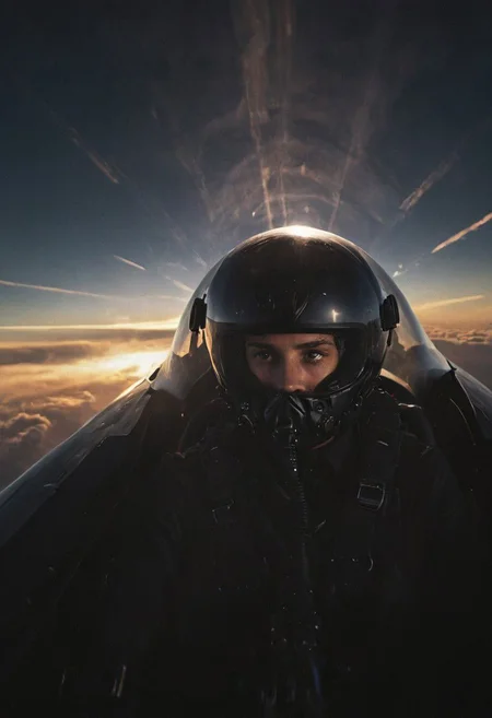 Create a vivid description capturing the essence of a close-up photograph inside the cockpit of a sleek, matte-black futuristic jet in flight. Highlight the discernible details: the pilot, confidently and mischievously smiling, with focused eyes locked onto the target. Convey a sense of high-speed motion, surrounded by billowing neon-pastel clouds, encapsulating the exhilarating and dynamic atmosphere within the cutting-edge aircraft.
 very detailed, atmospheric haze, Film grain, cinematic film still, shallow depth of field, highly detailed, high budget, cinemascope, moody, epic, OverallDetail, gorgeous, 2000s vintage RAW photo, photorealistic, candid camera, color graded cinematic, eye catchlights, atmospheric lighting, skin pores, imperfections, natural, shallow dof