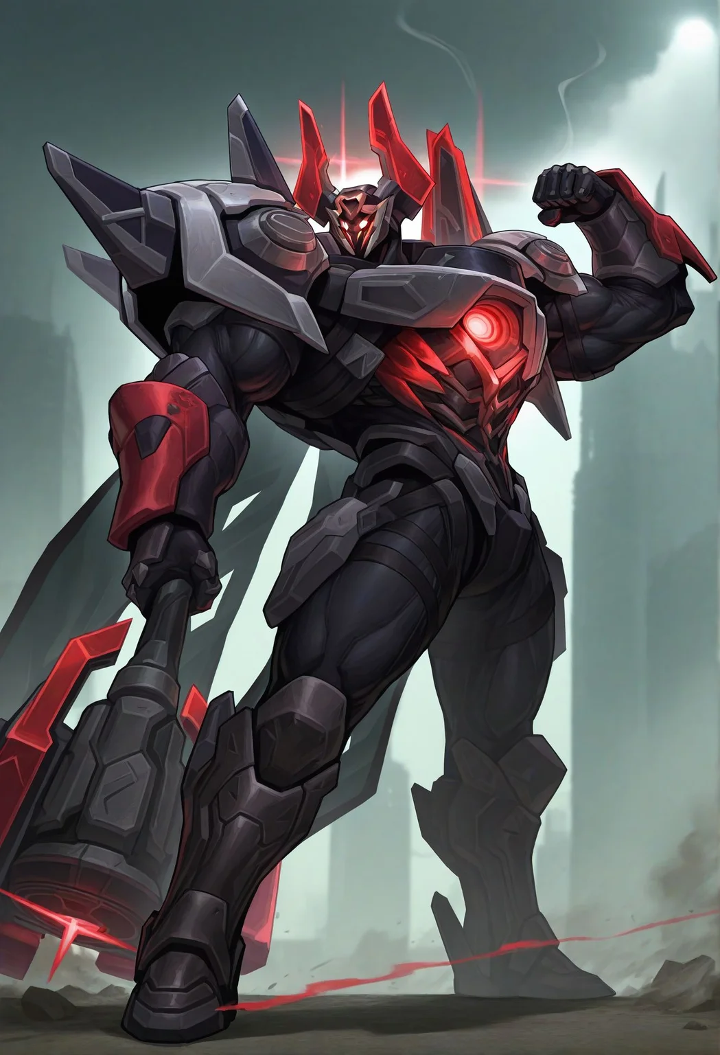 bara,(smoke trail:1.5),
solo,pose,showing,mecha,mecha cape,glowing,flexing,holding project-hammer,glowing project-hammer,
project-mordekaiser,
very awa,masterpiece,best quality,absurdres,newest,perfect quality,detailed background,intricate details,