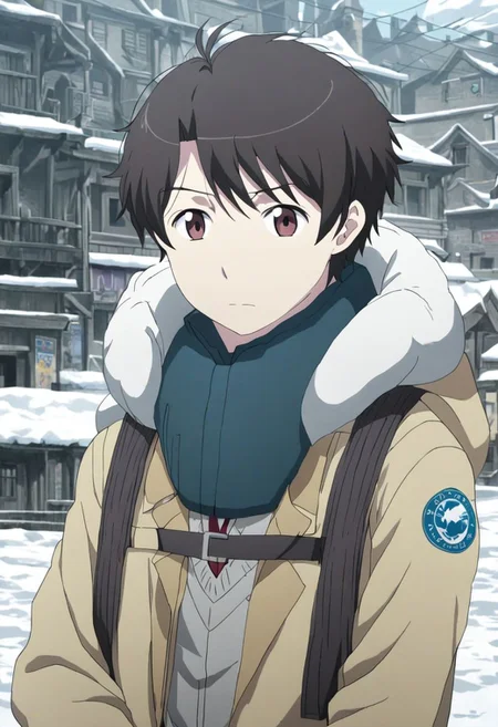 high resolution, solo, best quality, 1Boy, Inaho Kaizuka, Black Hair, Brown Eyes, chilling, snow town, winter jacket, OverallDetail