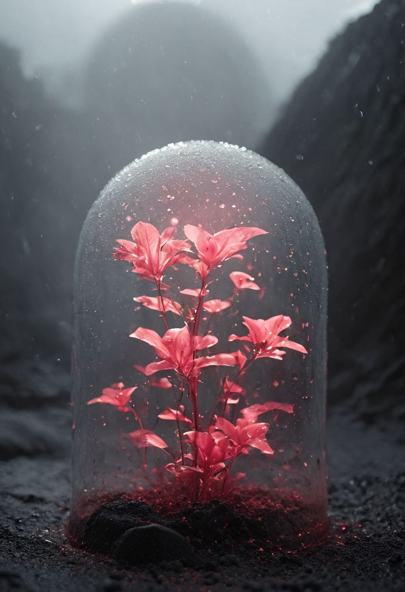 subsurface scattering, photo of the last surviving translucent pink plant under a glass dome in a wasteland of black sand, backlit by sunlight, raindrops on the glass dome, atmospheric haze, Film grain, cinematic film still, shallow depth of field, highly detailed, high budget, cinemascope, moody, epic, photorealistic, color graded cinematic, atmospheric lightin
