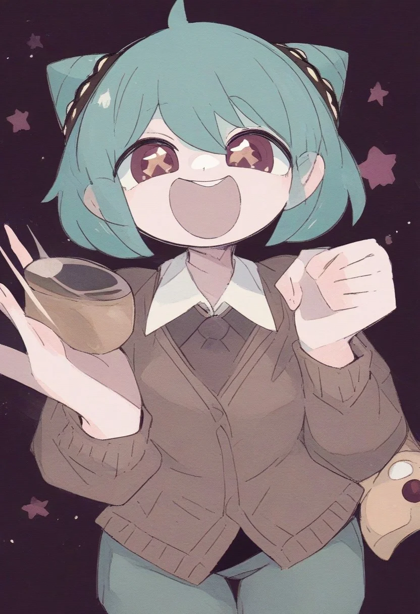 best quality,masterpiece:1.9, highres:1.9, score_9, score_8_up, score_7_up:1), 1girl,solo,newest,rating: general, looking at viewer , <lora:Anya_XL-step00001800:0.8> ,(short afro twintails, Cosmic latte hair, Cosmic latte eyes, female child, anya (spy x family,hairpods),child, Cosmic latte sleeveless cardigan fur-trimmed overcoat), pants, close-up:1.9, Jupiter, Laughing, boxing stance, {{{Magnification:1.9}}}, ng_deepnegative_v1_75t, OverallDetail, EyeDetail, portrait, source-anime
