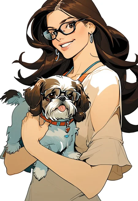 NijiEX style illustration. Close up of a girl holding a shih tzu in her arms, glasses. Long flowing brown hair, brown eyes.Style by Masamune Shirow.