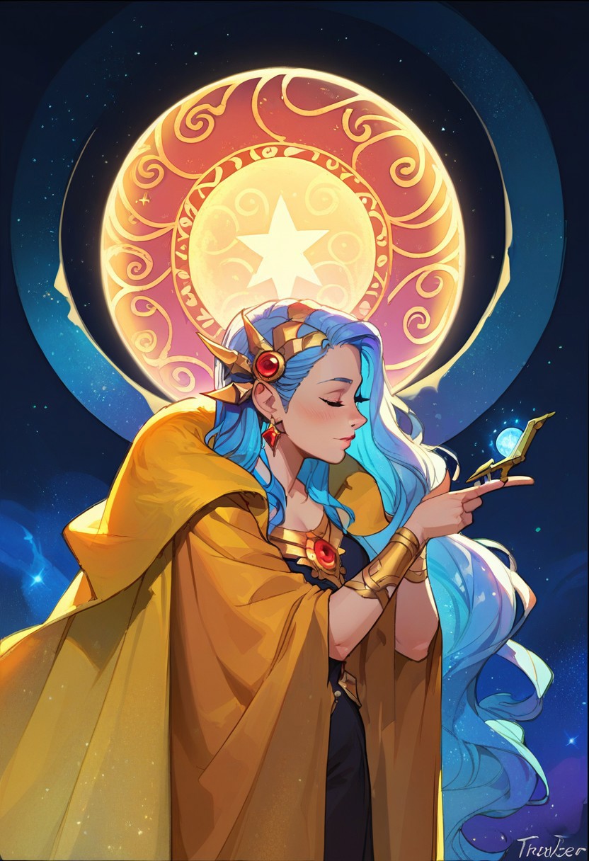 score_9, score_8_up,  score_8_up, 1woman, 
fantasy astrologer, zodiac outfit, dark room, golden cape,  cosmic curtains, taro, constellations, golden colors, blue colors,