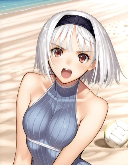 <lora:elwing-blanc-v2-illustrious-000060:0.8>
bl4ncn3ig3, red eyes, short hair, hairband, ribbed swimsuit, bare shoulders, turtleneck one-piece swimsuit
1girl, solo, beach volleyball, sand, excited
masterpiece, best quality
<lora:tony_illustriousXL:0.6>