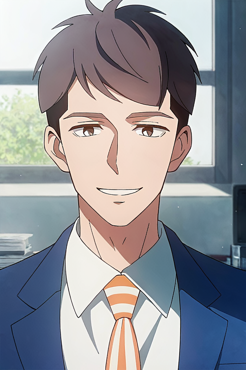 (score_9, score_8_up, score_7_up),(source anime, best quality, best aesthetic, perfect anatomy),1boy,kentaro momose,male_focus,handsome detailed face,black eyes,black jacket,blue jacket,collared shirt,slim body,skinny,orange necktie,solo,modern office,portrait,smile,teeth,<lora:aesthetic_anime_v1s:0.8>,<lora:Kentaro Momose_PDXL:0.85>,