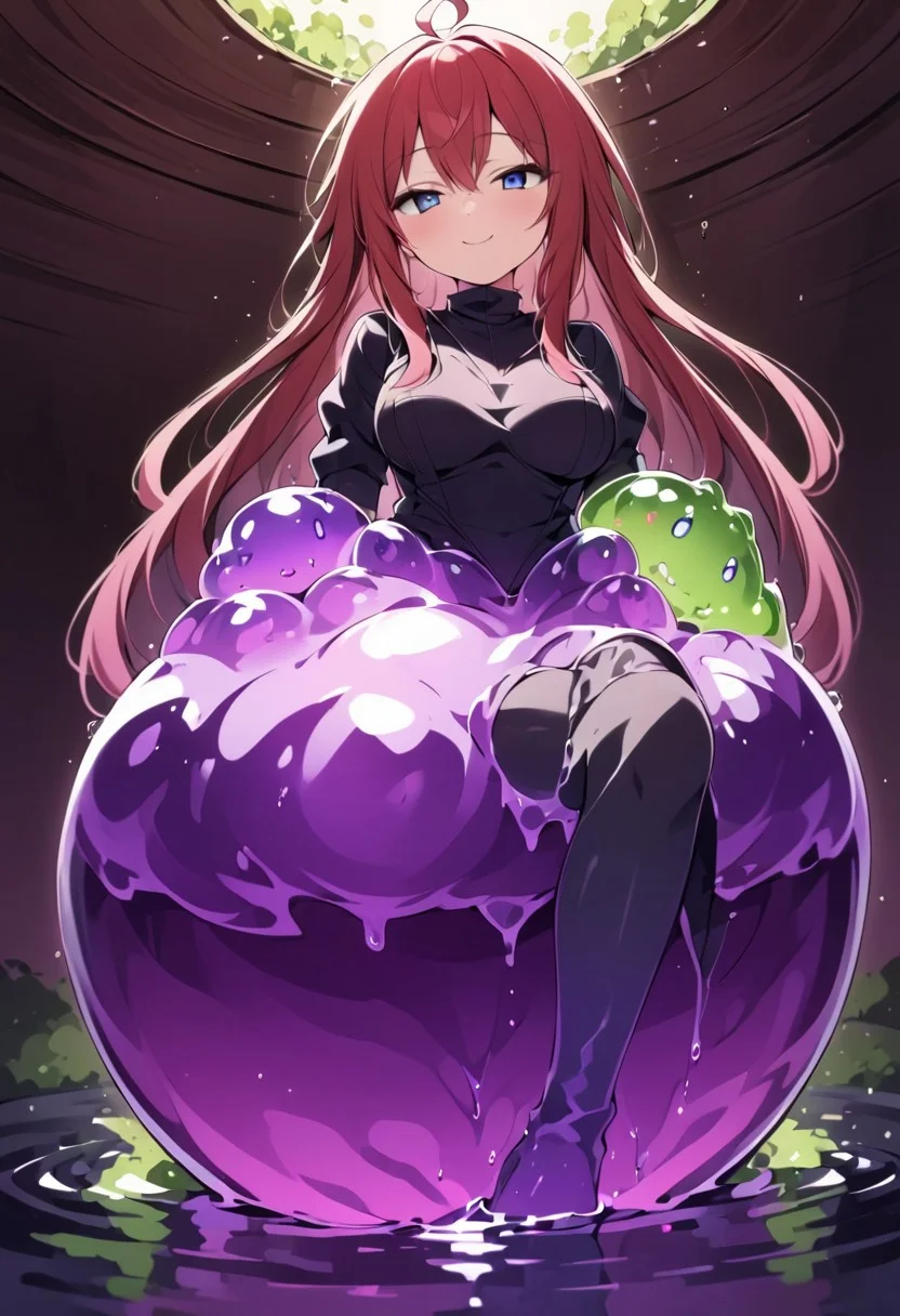 (masterpiece), (score_9, score_8_up, score_7_up,source_anime), 4K8K, best quality, high res image, illustration, Uncorrected, CG, 
from below,  from side. 
1 female mermaid sitting with crossed legs on a giant grape slime, pretty slime, (lot of Grape grains floating around woman), (hair over breasts, long hair, hair censor:1.4), twinkle grape, fish tail, 
slime, slime like a grape, grape slime, see-through violet slime, 
BREAK
medium breasts, 
(gradient hair, pink and hair, very long hair, red bangs, ahoge, hair over breasts, hair censor), 
(blue eyes, half opened eyes, jitome, smile), 
weaing leotard put on broken overalls, 
in orchard, fruit orchard, fruits trees,