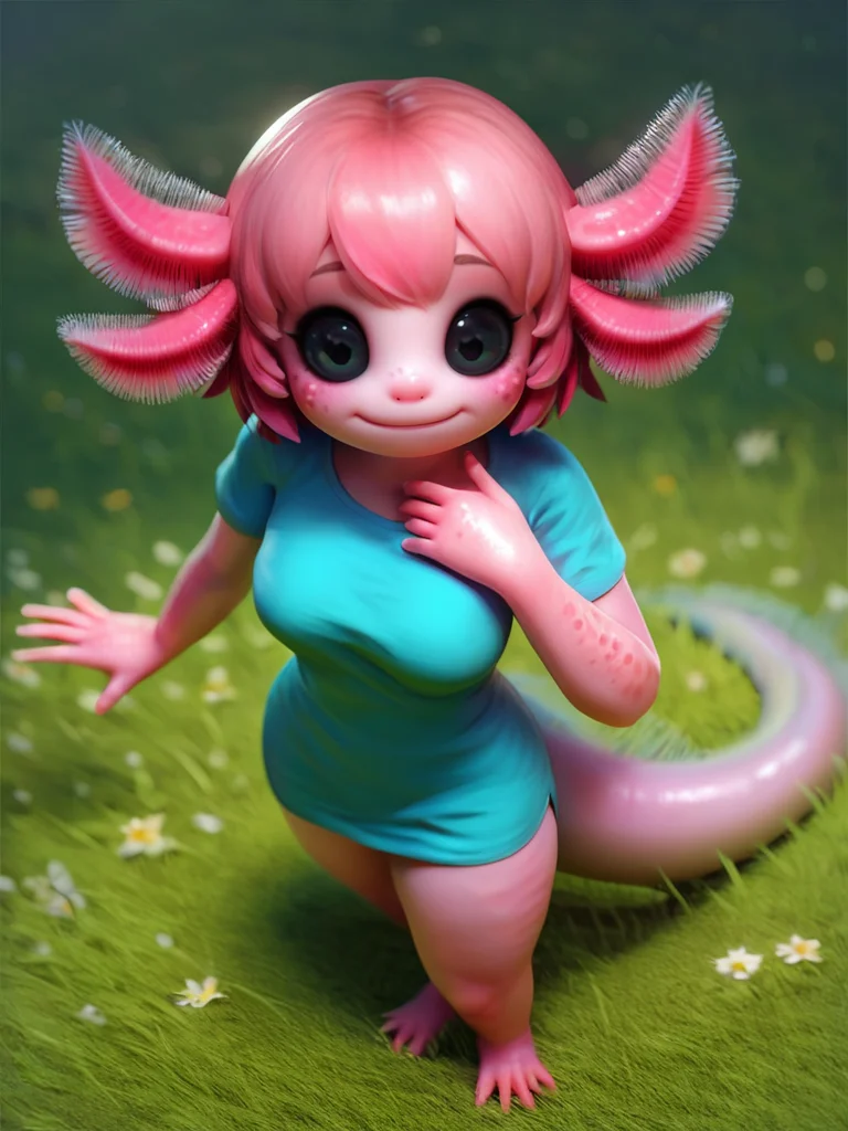 score_9, score_8_up, score_7_up, 1girl, arms at side, surprised, grass, vegetation, from above, monster girl, colored skin, pink skin, dress, short sleeves, solo focus, looking at viewer, sfw, evil smile, cowboy shot, (dynamic pose:1), cute, medium breasts, thick thighs, sexy pose, scales, thick tail, bangs, axolotl girl, cartoon, bright pupils, black eyes, head focus, short hair,
<lora:AxolotlWorld_Concept:1> AxolotlWorldXLP