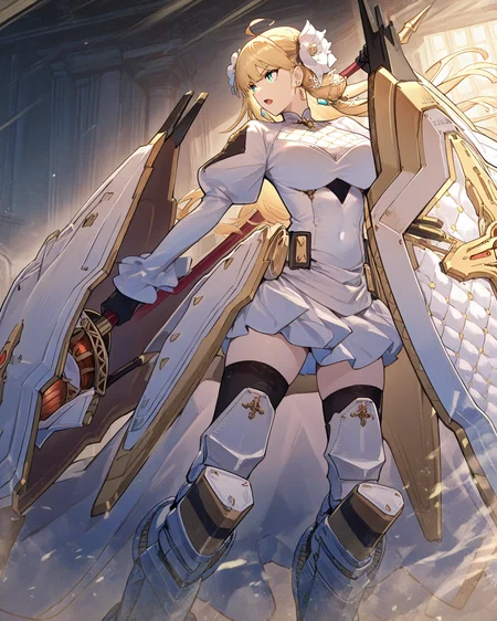 masterpiece,best quality,newest,from_side,1girl,solo,
<lora:isabella(noob):1>,isabella,ahoge,hair flower,blonde hair,double braided bun,long hair,aqua eyes,earrings,white dress,black gloves,hip armor,mechanical legs,lance,holding lance,shield,holding shield,