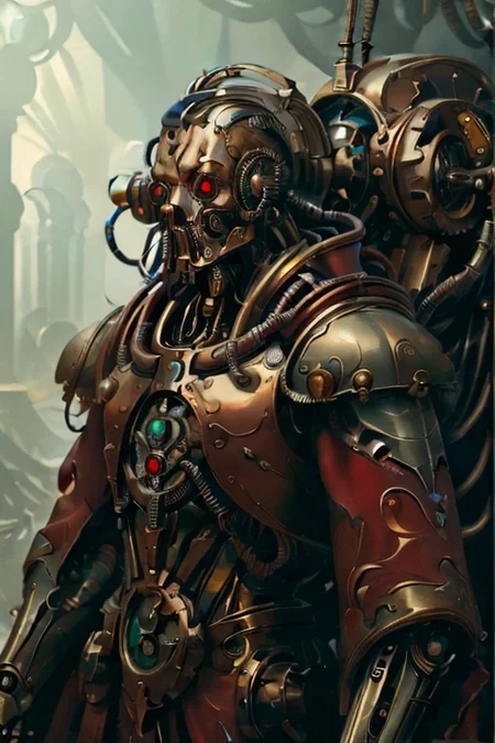 ((masterpiece,best quality)), absurdres, mechanical arms, bronze and crimson robes, hood, (techpriest), cyborg, mechanical face, (ArtNouveauAI)