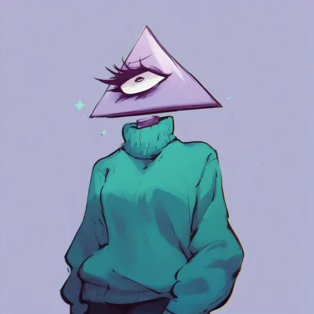 score_9, score_8_up, 1girl, female, solo, standing, iilluminaughtii, object head, floating head, one-eyed, purple skin, clothed, sweater, <lora:ponydiffusionv6_iilluminaughtiiv3:1>