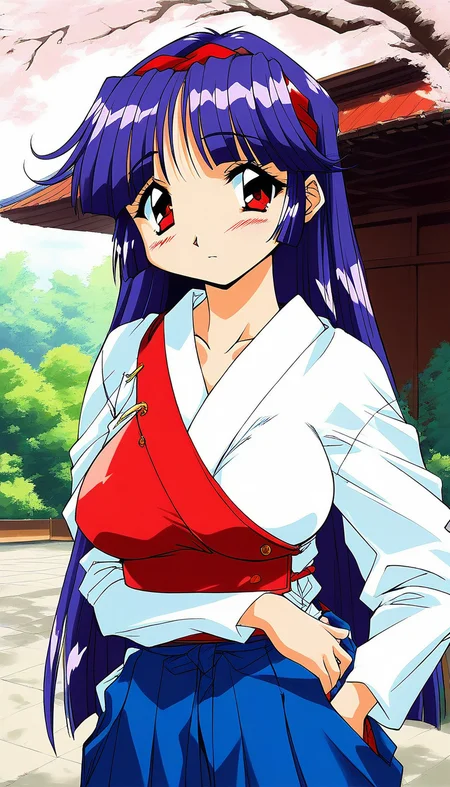 score_9, score_8_up, score_7_up, source_anime, rating_explicit, BREAK <lora:Shiraishi_Yumiko_Ver2.0_XL:1> ShiraishiYumiko, long hair, red eyes, red hairband, purple hair, large breasts, blunt bangs, solo,
side red bibbed , kyuudou, muneate, 1girl, solo, japanese clothes, skirt, hakama, blue hair, hakama skirt, blush, 
outdoors, looking at viewer, blue hakama