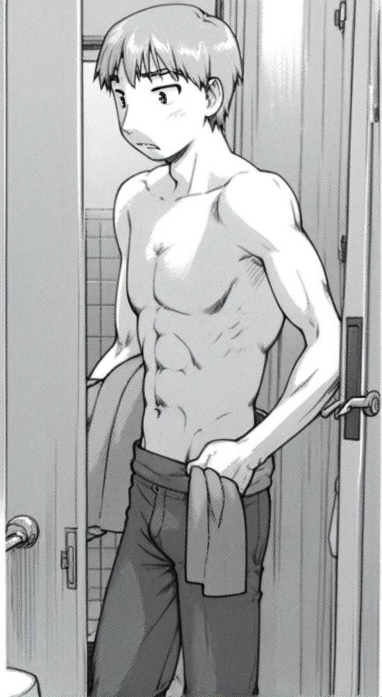 score_9, score_8_up, score_7_up, anime_source, official artstyle, anime screencap, ((monochome)), highly detailed, 1boy, perfect composition, good shading, male focus, 1boy, solo, male focus, indoors, bathroom, shirtless, topless, barechested, towel wrapped around hips, akishima boy 4,silver hair, abs, pectorals, opening door, ((monochrome))