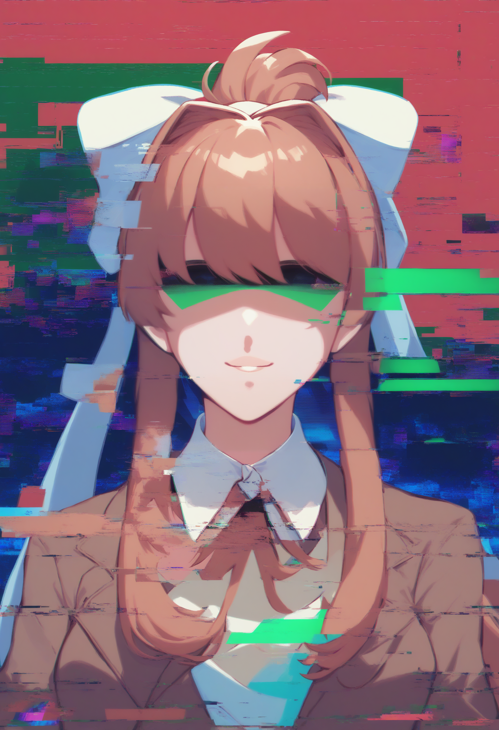 score_9, score_8_up, score_7_up, source_anime, glitch, glitching, <lora:GlitchingXL:1.5>, glitch censor, glitching over face, monika \(doki doki literature club\),