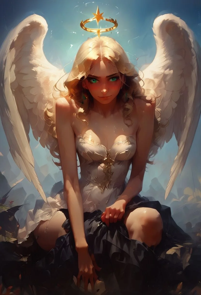 score_9, score_8_up, score_7_up, 1girl angel with 2 large angel wings and a halo, perfect curves, wearing a white dress, strapless, suggestive pose, romantic, solo, detailed eyes, looking at viewer, sitting on a rock, forest, nature, forest meadow, beautiful, looking at viewer, embarrassed, medium breasts, fantasy, from front, looking at viewer playfully, naughty, smirk, romantic, (blonde hair, mid parted hair, straight hair, long hair:1.2), pronounced blush, beautiful green eyes, d4rk01l <lora:sdxl\Concept Art Twilight Style SDXL_LoRA_Pony Diffusion V6 XL:0.8> <lora:sdxl\vixon_pony_oil:0.7>, deepthroat,