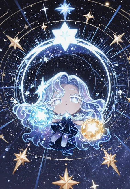 masterpiece,best quality,amazing quality,
colored eyelashes,white eyelashes,
body made of shimmering, starry mist, celestial-themed accessories, dreamy pose, solo, full body, starry, night sky background, (astrology theme:1.1), (cosmic theme:1.1), holding a glowing, crystal orb or a star chart, surrounded by an aura of wonder and mysticism, with a few shooting stars or stardust sparks scattered around her, and a soft, ethereal glow emanating from her body as she reads the secrets of the universe and navigates the celestial tides.
crk1styl111,<lora:lycoris:1>,(chibi:1.4),