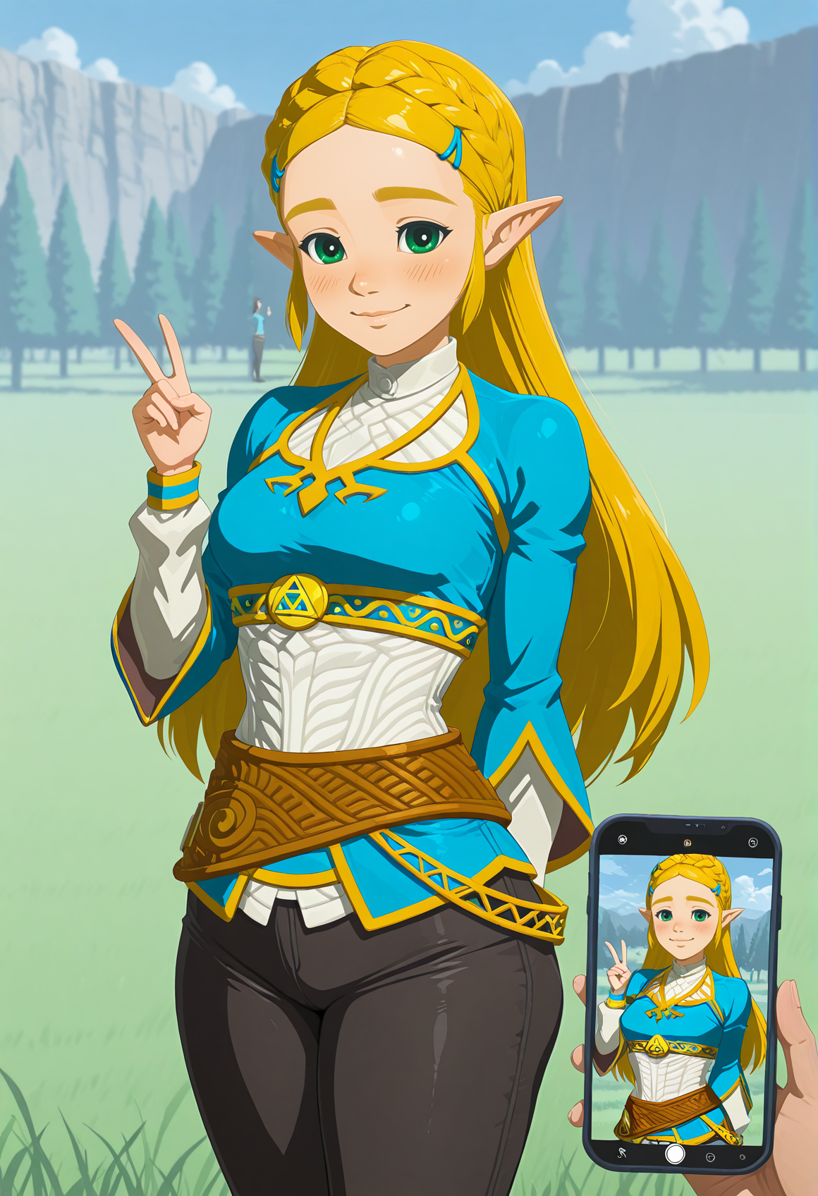 amazing quality,very aesthetic,absurdres,best quality,newest,masterpiece,4k resolution, absurdres, highres, detailed background, kishimoto masashi, watercolor (medium), 
 <lora:smartphone_screen:1> smartphone screen, phone, <lora:Princess_Zelda_ILXL:0.7> princess zelda, long hair, 1girl, thick thighs,medium breasts,  v sign, blush, smile, upper body, arm behind back,  blue shirt, black legwear,  belt,grass, outdoors, blush,