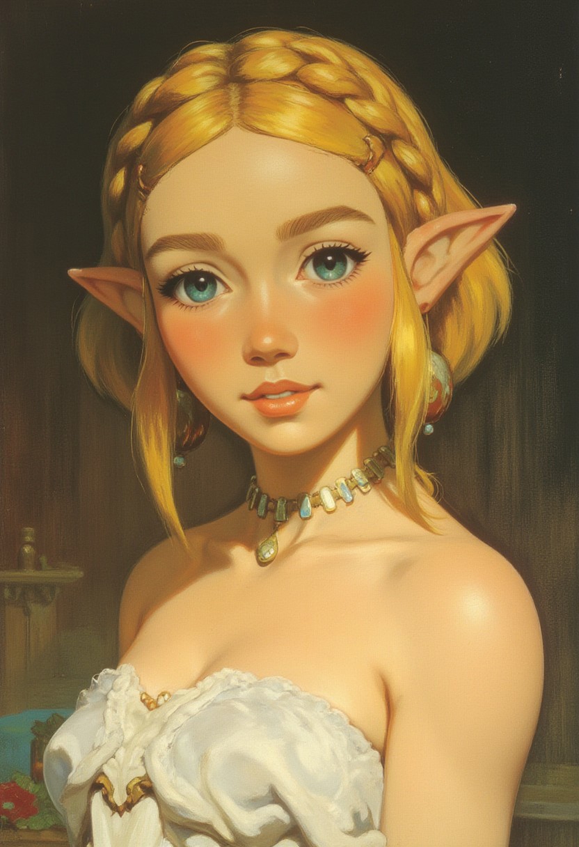 Z3ld3k1ck1x, frank frazetta dark fantasy oil painting of upper body portrait of Princess Zelda, her long blonde hair framing her face, tied in intricate braids, her piercing blue eyes looking forward with a subtle confident expression, wearing a white lace dress with a deep neckline showing a hint of cleavage, delicate elfin ears adorned with small gold earrings, a soft pinkish glow on her cheeks, soft natural lighting highlights the smoothness of her skin, background slightly blurred to focus on her face, minimal shadows for a clear and detailed facial view, hints of her elegant attire in the foreground.