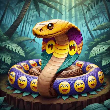 masterpiece, best quality,  <lora:NajaCobra_Illustrious:1> Naja, emoji pattern, animal focus, no humans, in leafy misty jungleâââ