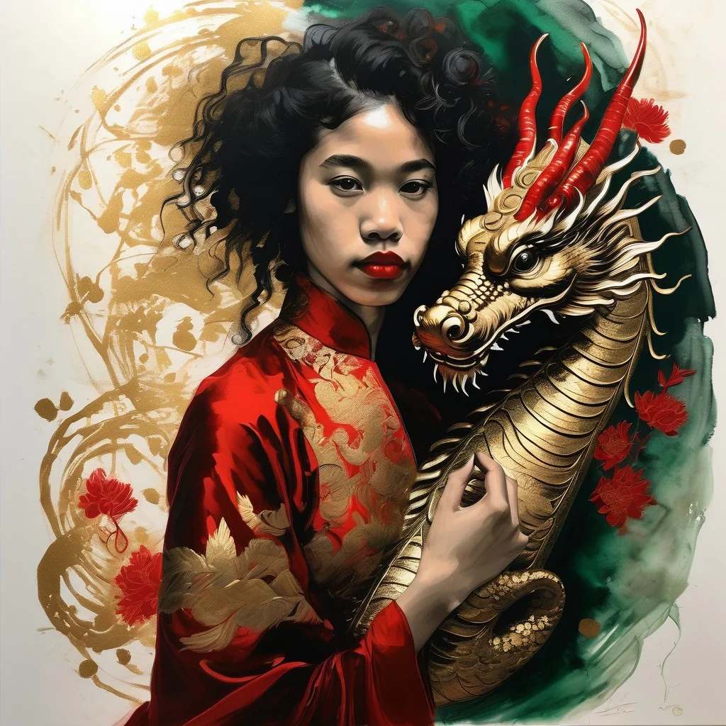 Modern beautiful biracial girl in an asymmetrical dress, with her small pet Chinese dragon curled around her arm. double exposure. Luminous spotlighting and deep jade and rich red colours, gold leaf highlights. Masterpiece, very fine detail, ink and oil pastel,