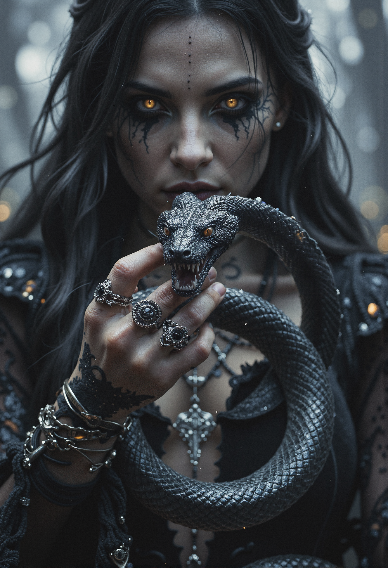 Manga style (amazing transcendental's dream:3.5). The image portrays a powerful gothic sorceress, her face partially obscured by a coiled snake held elegantly before her. The snake, black with intricate white patterns, hisses menacingly, its wide-open mouth and sharp fangs directed toward the viewer, creating an intense and threatening focal point. Her pale, slender fingers grip the serpent with confidence, adorned with silver magical rings set with dark gemstones like onyx and amethyst. Her hand bears mysterious tattoos that faintly glow, as if pulsing with dark energy.  She is dressed in an opulent black velvet gown, richly embroidered with occult patterns. Long, flowing black hair cascades around her pale, enigmatic features, while her intense, glowing eyes, framed by dramatic, dark makeup, pierce through the shadows. Around her neck rest large silver necklaces with pendants shaped like crosses and arcane symbols.  The misty background swirls with dancing shadows, heightening the mystical and foreboding atmosphere. The scene is rendered with maximum ultra-high-definition quality, vibrant and iconic Japanese comic style, featuring realist side lighting, ultra-detailed textures, and subtle, dynamic special effects. <lora:Magic_of_Art_\(FLUX\).safetensors:0.3>,  <lora:black_fantasy.safetensors:0.5>,  <lora:Movie_Portrait.safetensors:0.8>,  <lora:- Flux1 - soothing_atmo_V2.0.safetensors:0.4>,  <lora:lith_mimosa_kiel_grw134_FLUX.safetensors:0.7>,