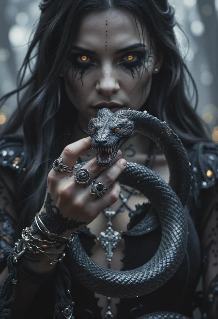 Manga style (amazing transcendental's dream:3.5). The image portrays a powerful gothic sorceress, her face partially obscured by a coiled snake held elegantly before her. The snake, black with intricate white patterns, hisses menacingly, its wide-open mouth and sharp fangs directed toward the viewer, creating an intense and threatening focal point. Her pale, slender fingers grip the serpent with confidence, adorned with silver magical rings set with dark gemstones like onyx and amethyst. Her hand bears mysterious tattoos that faintly glow, as if pulsing with dark energy. She is dressed in an opulent black velvet gown, richly embroidered with occult patterns. Long, flowing black hair cascades around her pale, enigmatic features, while her intense, glowing eyes, framed by dramatic, dark makeup, pierce through the shadows. Around her neck rest large silver necklaces with pendants shaped like crosses and arcane symbols. The misty background swirls with dancing shadows, heightening the mystical and foreboding atmosphere. The scene is rendered with maximum ultra-high-definition quality, vibrant and iconic Japanese comic style, featuring realist side lighting, ultra-detailed textures, and subtle, dynamic special effects. <lora:Magic_of_Art_\(FLUX\).safetensors:0.3>, <lora:black_fantasy.safetensors:0.5>, <lora:Movie_Portrait.safetensors:0.8>, <lora:- Flux1 - soothing_atmo_V2.0.safetensors:0.4>, <lora:lith_mimosa_kiel_grw134_FLUX.safetensors:0.7>,