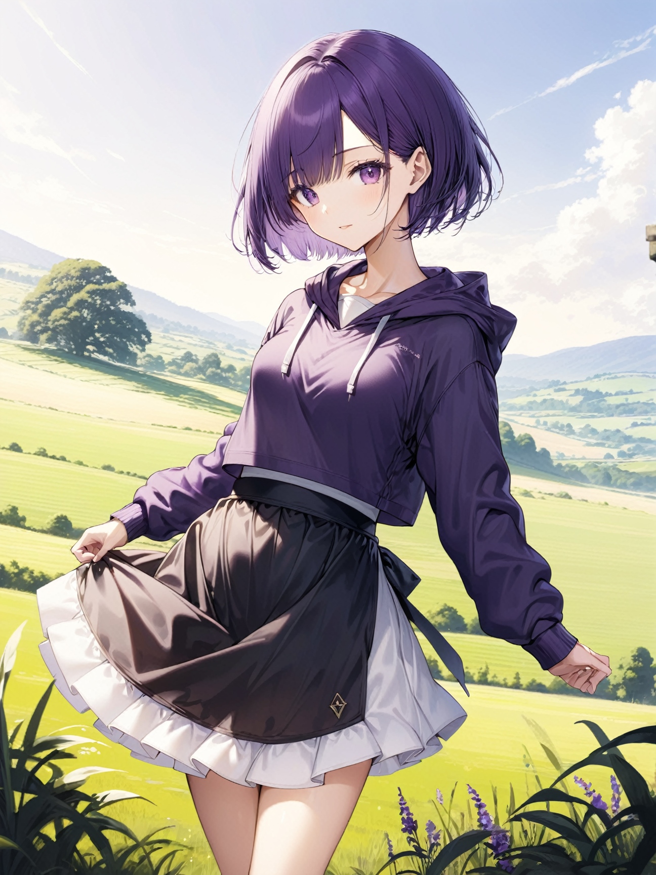 1girl, purple hair, very short hair,  hooded sweatshirt waist apron loafers,  decadent countryside daytime,