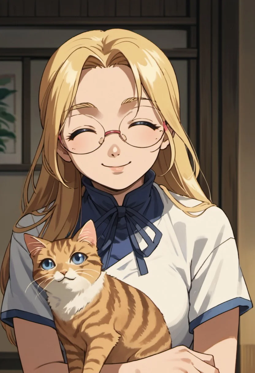 score_9, score_8_up, score_7_up, source_anime, miu furinji, blue eyes, blonde hair, long hair, 1girl, glasses, cat, closed eyes, solo, smile