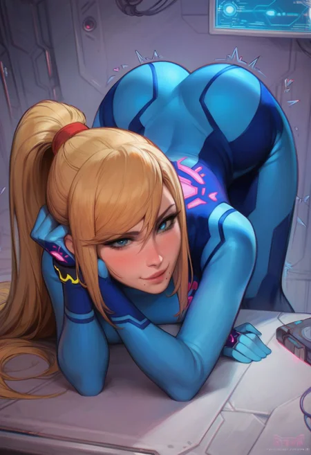 score_9, score_8_up,score_7_up, score_6_up, score_5_up, score_4_up,
spaceship, control room, holograms, blue neon lights,
motion lines, sound effects,
solo,
A girl posing sexy, looking at viewer, smiling, bent over, ass focus,
1girl, Samus aran, blonde, longe hair, ponytail, bangs, large breasts, skinny, wide hips, skinny waist, huge ass, slut, slutty, horny,
zero suit, blue bodysuit, skin tight, gloves,
