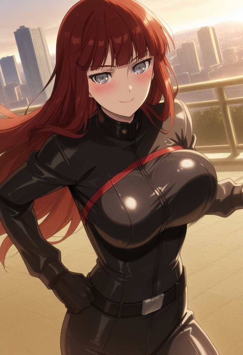 anime screencap, anime coloring, masterpiece,best quality,amazing quality, perfect face, perfect eyes, city, Kagari Shiina (character), 1girl, solo, red hair, long hair, blunt bangs, grey eyes, black bikesuit, black body suit, skin tight, iron made zip, closed zip, black belt, big breasts,  front view, cowboy shot smile, 23 years old, aged up, upper body, centered figure, looks serious, hands on hips, blush, natural beauty, running, breasts movement, bouncing breasts, unaligned breasts, upper body, head focus,
Kagari Shiina