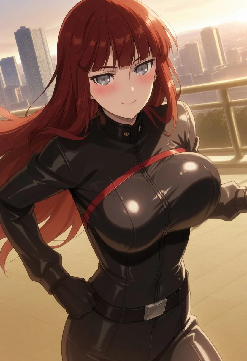 anime screencap, anime coloring, masterpiece,best quality,amazing quality, perfect face, perfect eyes, city, Kagari Shiina (character), 1girl, solo, red hair, long hair, blunt bangs, grey eyes, black bikesuit, black body suit, skin tight, iron made zip, closed zip, black belt, big breasts, front view, cowboy shot smile, 23 years old, aged up, upper body, centered figure, looks serious, hands on hips, blush, natural beauty, running, breasts movement, bouncing breasts, unaligned breasts, upper body, head focus,
Kagari Shiina