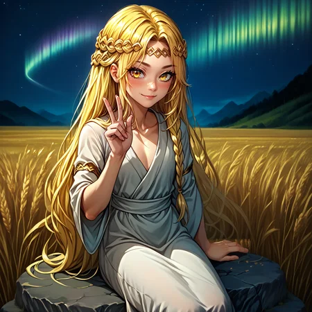score_9,score_8_up,score_7_up,perfect anatomy,source_anime,zPDXL2,<lora:miqeulla:1>,miquella,1boy,solo focus,solo,blonde hair,crown braid,multiple braids,yellow eyes,white robe,hair flowing over,gold armlet,circlet,long blonde eyelashes,
looking at viewer,blush,smile,closed mouth,hand up,outstretched hand,v,
sitting on rock,rock,wheat,wheat field,mountain,night,night sky,star \(sky\),aurora,