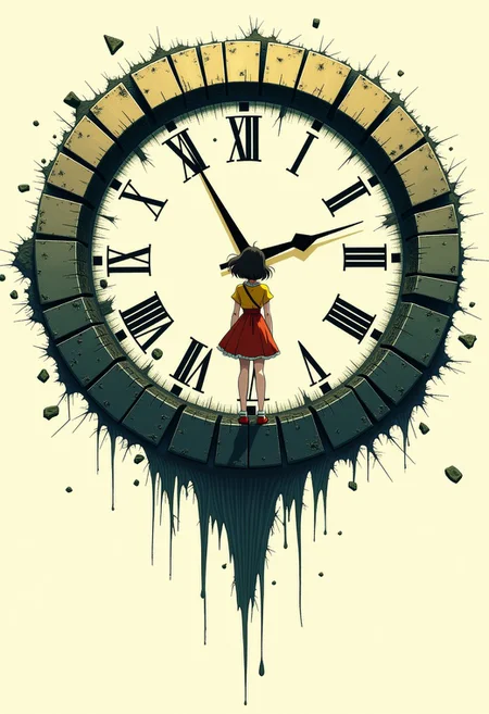 Modernretroanime. A colossal, floating clock in anime style hovers in an endless white void, its surface cracked and worn as if eroded by time itself. The clock hands move erratically, sometimes stopping, reversing, or speeding up. Ethereal, glowing symbols flicker around its edges, hinting at an ancient mechanism beyond human understanding. Pieces of the clock periodically break off and float weightlessly around it, frozen mid-air before disintegrating into dust. Below the clock, shadowy tendrils drip downward, as if reality itself is melting away. The composition is both grand and surreal, evoking a sense of time unraveling in an infinite, empty expanse. master engineer girl.