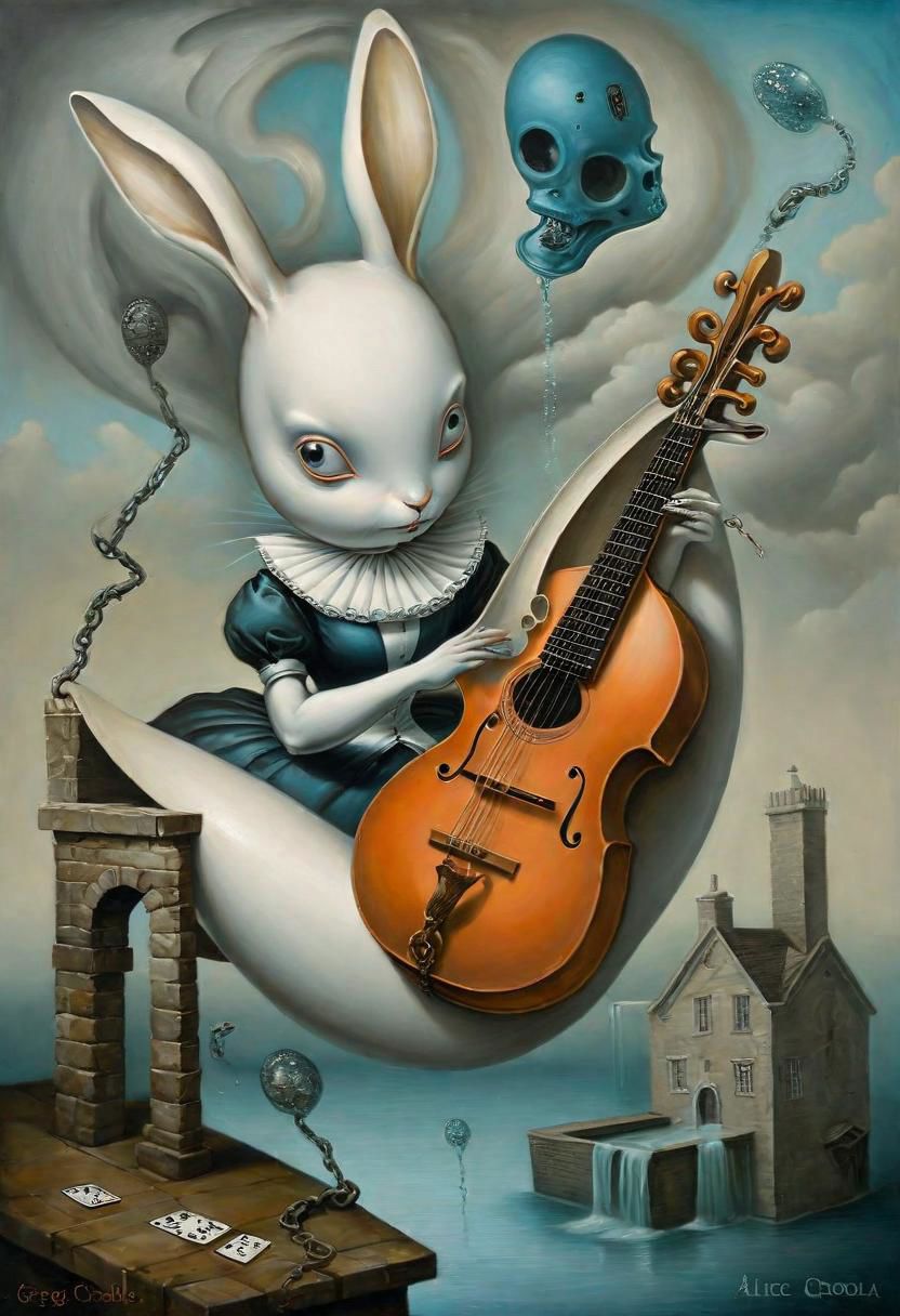 Neo Surrealism ,Alice in Wonderland scene white rabbit, teapot, cards, Into The Well by Greg Craola Simkins, existential residues dark shines surrealism, blue, gray and orange color scheme, a painting of a woman playing a lute ,fantasy Victorian art, magical realism bizarre art, pop surrealism, whimsical art.