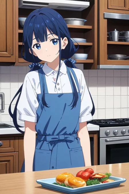 score_9, score_8_up, score_7_up, source_anime, rating_safe, , semi-realistic, looking at viewer, , 1girl, solo, <lora:aki_adagaki_pony:0.74>, aki_adagaki, blue hair, blue eyes, long hair, bangs, twintails, low twintails, bow, asymmetrical, kitchen, cooking, day, sunny, leaning on object, heart eyes, , <lora:sdxl_lightning_8step_lora:1>