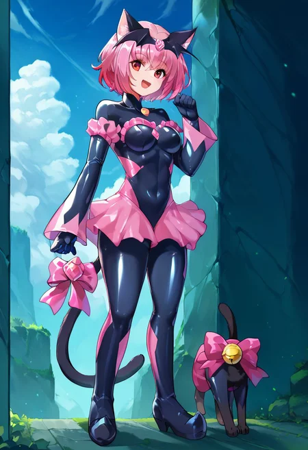 score_9,score_8_up,score_7_up, score_6_up, uncensored, source_anime, 5_fingers, 1girl, solo, black badend-bodysuit, badend-tiara, pink frills, pink skirt, pink gem, latex bodysuit, zPDXL2, good_hands, full body, medium breasts, by hiroyama_hirosh,  csr style, mew_ichigo, cat girl, cat ears, tail bow, cat tail, posture, elbows extended, standing ,smile, open mouth, pink hair, red eyes