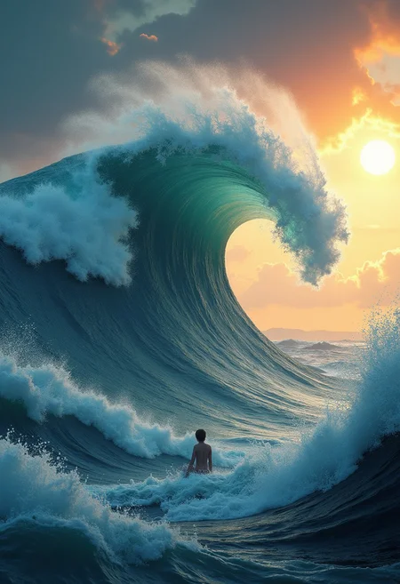 masterpiece, 8k, HDR, best quality, (highly detailed skin), photography, analog style, real life, extremely beautiful, (highly detailed, intricately detailed), (alluring eyes), (3d), wave crashing against an island, tsunami, white waves, giant, alone, water, sunset sun, no humans