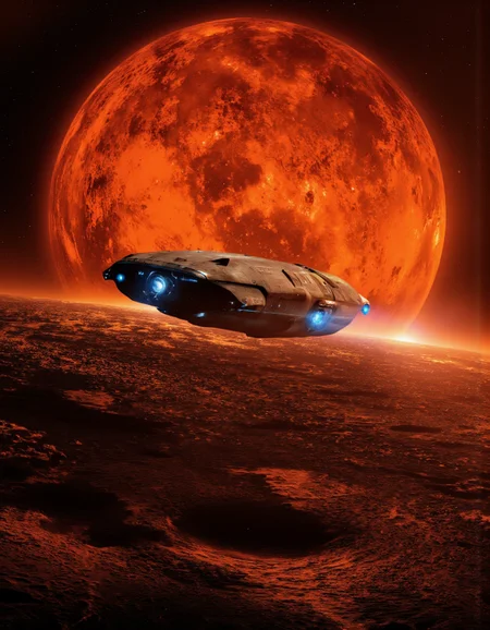 Art by Col Price & By Paul Chadeisson.
A photo-realistic shoot from a far camera angle about a futuristic spaceship flying over a distant planet during a massive, intense sunset. the image also shows a stunning view of the planet from space, with a large, glowing, orange-red sun in the background and a distant, starry sky. in the foreground, a spaceship with blue lights appears to be in the middle of the image, with its sleek, futuristic design and intricate details visible. the spaceship is positioned in the center of the frame, with the planet stretching out in front of it. the planet is filled with a vast expanse of dark, reddish-orange hues, with no visible clouds or other celestial bodies. the sky is also filled with stars, creating a dramatic contrast with the bright orange and red hues of the sun. the overall scene is one of awe and wonder at the vastness of space.