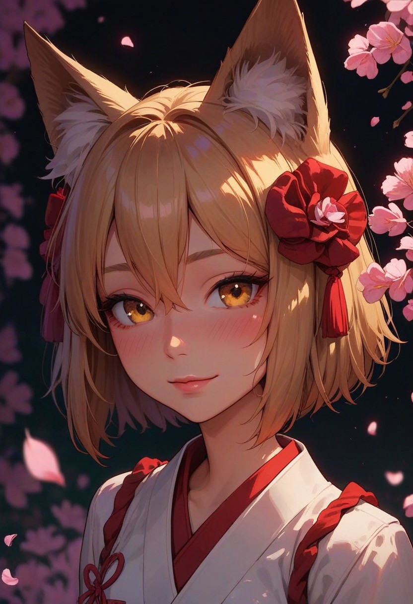 score_9_up, score_8_up, score_7_up, score_6_up, 1girl, 25 years old, perfect face, cute, petite, 
detailed face, portrait, face focus, depth of field, looking at viewer, blush, shy smile, (close up), 
yellow eyes, fox girl, fox tail, 
blonde hair, animal ears, fox ears, animal ear fluff, hair ornament, hair flower, hair between eyes, short hair, 
miko, japanese clothes, ribbon mesh sleeves,
cherry blossoms,
