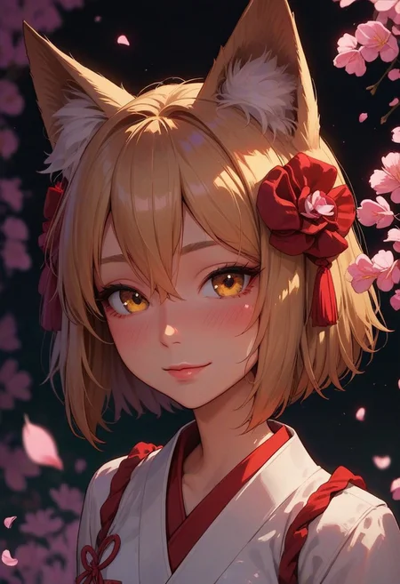 score_9_up, score_8_up, score_7_up, score_6_up, 1girl, 25 years old, perfect face, cute, petite,
detailed face, portrait, face focus, depth of field, looking at viewer, blush, shy smile, (close up),
yellow eyes, fox girl, fox tail,
blonde hair, animal ears, fox ears, animal ear fluff, hair ornament, hair flower, hair between eyes, short hair,
miko, japanese clothes, ribbon mesh sleeves,
cherry blossoms,