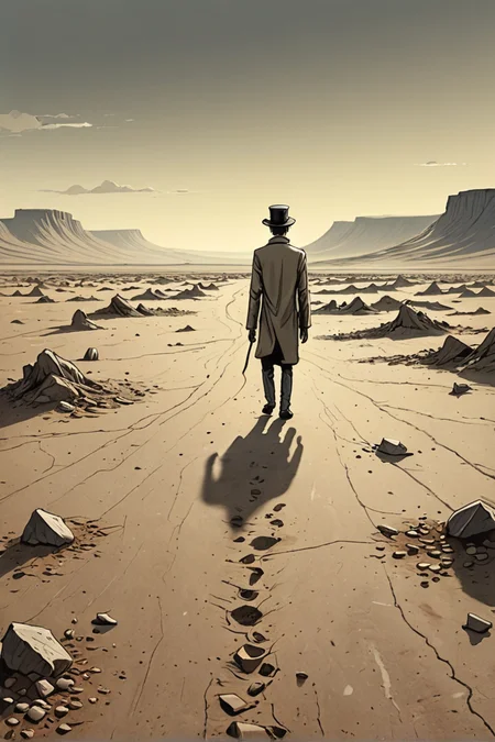 (absurd caricature), A solitary figure, wandering through a desolate landscape.