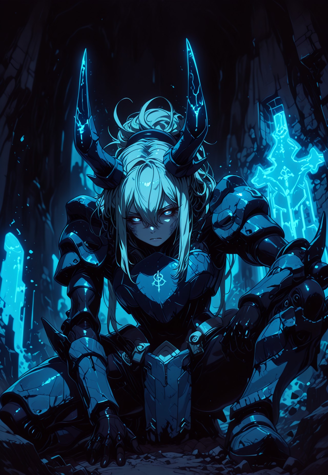 IllusP0s, 
1girl, solo, monster girl, Soldier Beetle, arthropod girl, arthropod limbs, (black skin:1.3), armored skin, colored sclera, blue sclera, white eyes, folded ponytail, hair between eyes, very long sidelocks, 
blue power armor, black bodysuit, blue breastplate, blue headgear, wavy horns, floating blue shield, multiple shields, 
from below, portrait, face focus, on one knee, arm on knee, bent back, head down, exhausted, panting, 
dynamic pose, dynamic angle, dynamic composition, 
underground castle, cave, dark background, 
volumetric lighting, deep shadows, partially illuminated, depth of field, 
S4bit4mago_illu, GLSHS, asthtc2, film_grain, 